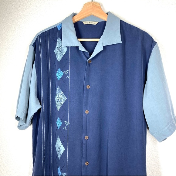 Tommy Bahama Silk Shirt Medium Martini Glass Argyle Silk Button Down Blue - Picture 2 of 13